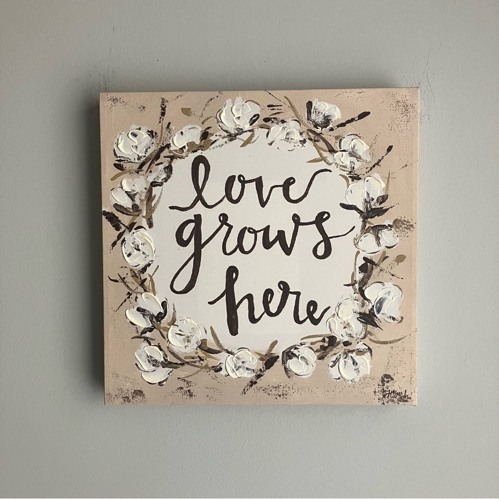 Love Grows Here Canvas Wall Art Floral Farmhouse Neutral 12x12 Textured